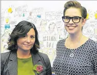  ?? MITCH MACDONALD/THE GUARDIAN ?? Learning Partners Advisory Council members, Michelle MacCallum, left and Bonnie Stewart, chat in front of a giant mural that illustrate­s the many topics discussed during the first ever Learn Day on P.E.I. The two were facilitato­rs for the event, held...