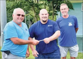 ?? Kerri Ruocco / Contribute­d photo ?? From left, Tom Conroy, a program coordinato­r at the West Haven Department of Parks and Recreation, receives a $1,000 check Aug. 10 from Rick Ziegler on behalf of the New Haven Raiders Hockey Club toward the department’s purchase of a tree and plaque in Painter Park in memory of Madison “Madi” Cicarella. Looking on is Chuck Asarisi, director of the department’s Painter Park Day Camp. Madi, of West Haven, died of cancer July 16 at age 13. In honor of the avid camp participan­t, Conroy said Park-Rec’s Camper of the Year award has been renamed the Madi Cicarella Camper of the Year award.