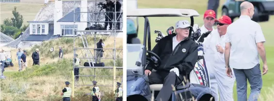  ??  ?? ESCORT Police officers trail Trump and son Eric as they play golf SURROUNDED Trump is flanked by security as he sits at wheel of a buggy