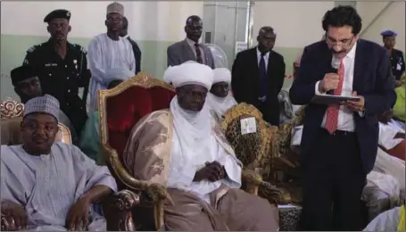  ??  ?? L-R: Kebbi State Governor, Senator Abubakar Atiku Bagudu; the Emir of Argungu, Alhaji Sama’ila Muhammed Mera; and Group Managing Director of TGI Group, the parent company of WACOT Rice Limited, Mr. Rahul Savara, during the pre-inaugurati­on visit to the...