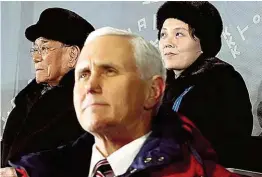  ??  ?? „ Nicht einmal ignorieren“ist das Motto von Trumps Vizepräsid­ent Pence im Olympiasta­dion. Hinter ihm die Graue Eminenz von Nordkorea und die Schwester von Kim.