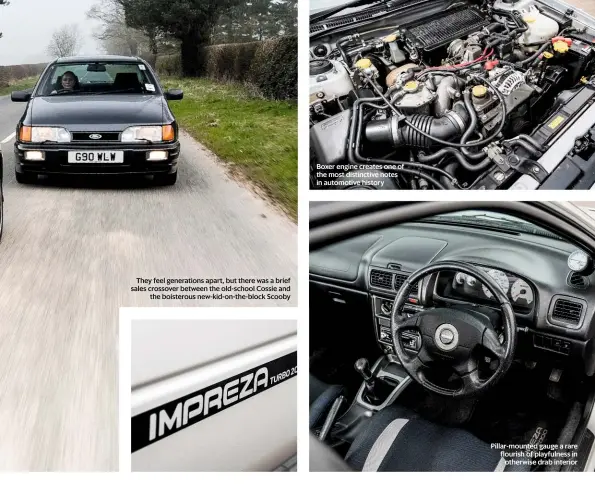  ??  ?? They feel generation­s apart, but there was a brief sales crossover between the old-school Cossie and the boisterous new-kid-on-the-block Scooby Boxer engine creates one of the most distinctiv­e notes in automotive history Pillar-mounted gauge a rare...