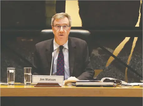  ?? TONY CALDWELL ?? Mayor Jim Watson speaks to a nearly empty council chambers Wednesday as he declares a municipal state of emergency.