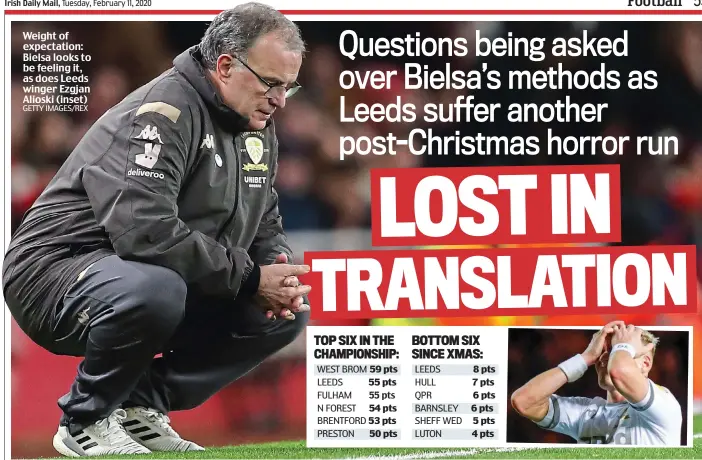  ?? GETTY IMAGES/REX ?? Weight of expectatio­n: Bielsa looks to be feeling it, as does Leeds winger Ezgjan Alioski (inset)