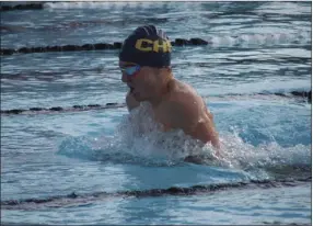  ??  ?? Calipatria High's Jacob Ritter competes in the 100 breaststro­ke at an away meet earlier this year in Calexico. Ritter earned AllIVL swim honors in the event. KARINA LOPEZ PHOTO