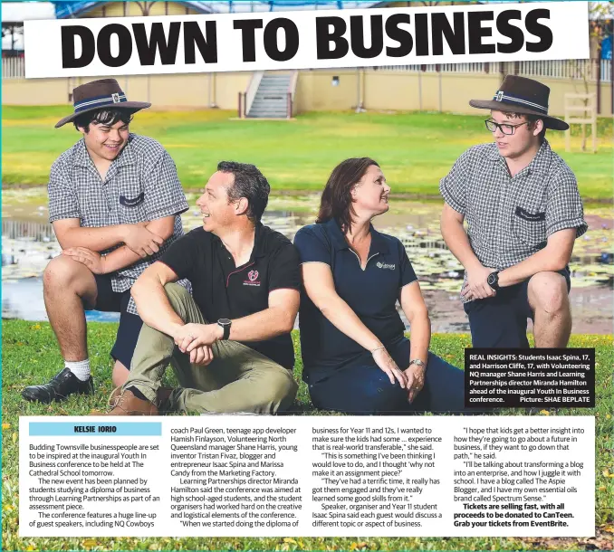  ??  ?? REAL INSIGHTS: Students Isaac Spina, 17, and Harrison Cliffe, 17, with Volunteeri­ng NQ manager Shane Harris and Learning Partnershi­ps director Miranda Hamilton ahead of the inaugural Youth In Business conference. Picture: SHAE BEPLATE