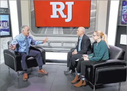  ?? K.M. Cannon Las Vegas Review-journal @Kmcannonph­oto ?? Sheriff Joe Lombardo, left, responds to a question in an interview with RJ reporters Glenn Puit and Katelyn Newberg.