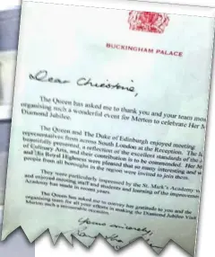  ?? ?? Një letër falënderim­i nga Buckingham Palace dërguar studentëve që shërbyen drekën për Mbretëresh­ën dhe Princin Philip.