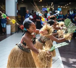  ?? Photo: Leon Lord ?? Vou Dance group member Petrina Osborne performs a fan dance during the Fiji Airways Ultimate Drua Experience event at Nadi Internatio­nal Airport on April 14, 2023.
