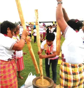  ??  ?? WALANG humpay sa pagbayo ng palay ang ilang miyembro ng tribo sa ginanap na Indigenous Peoples Games nitong weekend sa Tagum City, Davao del Norte.