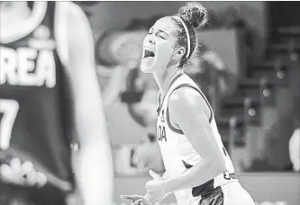  ?? CANADA BASKETBALL/FIBA ?? Canada’s Kia Nurse celebrates during Sunday’s win over South Korea at the women’s world basketball championsh­ips in Tenerife, Spain. She got one of those “wonderful” but rare three-point shooting binges.