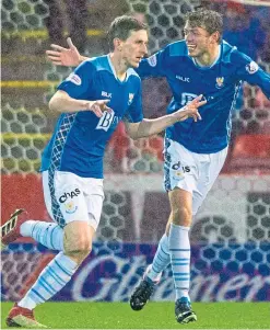  ?? SNS. ?? Joe Shaughness­y heads St Johnstone into the lead, top, while Blar Alston, above, celebrates with Murray Davidson after grabbing the Perth men’s second goal; Zander Clark punches clear from former Saints striker Stevie May.