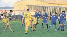  ??  ?? Llannerchy­medd (blue) celebrate Callum McMinimee’s equaliser against Llangefni Town