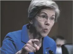  ?? AP PHOTO/JOSE LUIS MAGANA ?? Sen. Elizabeth Warren, D-Mass., speaks during the Senate Committee on Banking, Housing and Urban Affairs hearing on oversight of the credit reporting agencies at Capitol Hill in Washington, on April 27.