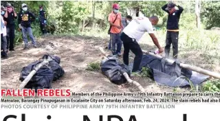  ?? PHOTOS COURTESY OF PHILIPPINE ARMY 79TH INFANTRY BATTALION ?? FALLEN REBELS
Members of the Philippine Army’s 79th Infantry Battalion prepare to carry the bodies of the New People’s Army rebels who were slain in a series of encounters with the government forces at Sitio Mansulao, Barangay Pinapugasa­n in Escalante City on Saturday afternoon, Feb. 24, 2024. The slain rebels had also been identified. Soldiers also recovered weapons, grenades and assorted war materiel at the site of encounters.