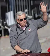  ?? (Travis Heying/the Wichita Eagle/tns) ?? Missouri Gov. Mike Parson waves to the crowd Feb. 14 during the Kansas City Chiefs Super Bowl parade in Kansas City, Missouri.