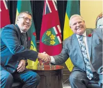  ?? CHRISTOPHE­R KATSAROV THE CANADIAN PRESS ?? Saskatchew­an Premier Scott Moe with Doug Ford. Martin Regg Cohn writes Ford is confused by Justin Trudeau’s carbon plan, saying the PM is picking people’s pockets, while buying their votes.