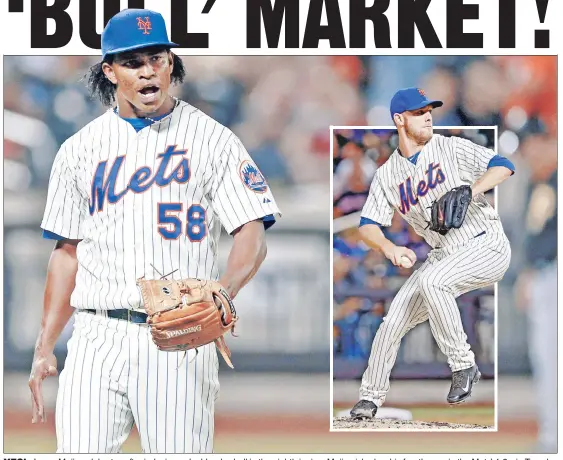  ?? Paul J. Bereswill ?? YES!: Jenrry Mejia celebrates after inducing a double-play ball in the eighth inning. Mejia picked up his fourth save in the Mets’ 4-2 win Tuesday night. Vic Black (inset), recently called up from Triple-A Las Vegas, also retired four batters without...