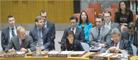  ?? — Reuters ?? US Ambassador to the United Nations Nikki Haley delivers remarks during a meeting by the United Nations Security Council on North Korea at the UN headquarte­rs in New York City.