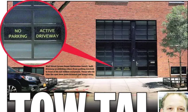  ??  ?? Wall Street tycoon Noam Gottesman (inset) built driveway prohibitin­g others from parking (circled) in front of his $35 million compound. Those who do take the spot have been ticketed and towed away.