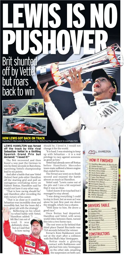  ??  ?? Hamilton’s Mercedes is forced wide by Vettel but he came back to overtake him HOW LEWIS GOT BACK ON TRACK