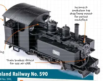  ??  ?? Cab extension fitted after purchase by WHR Incorrect rear cab profile: the stanchions should sit closer together, giving a more distinctiv­e curve to the outer edges of the cab rear Pipe missing Train brakes fitted for use at WHR Incorrect smokebox top step/lamp mount for period modelled