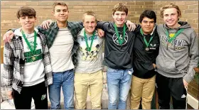  ??  ?? NIC 2nd Team, #1 Doubles Sectional Champion, Indiana Doubles All-state Honorable Mention, Indiana Doubles All-district #3.
Head Coach Kevin Hickman - Indiana District #3 Coach of the Year.
Pictured at left: Mason Porter, Mark Bahr, Seth Nettrouer, Camden Hickman, Mariano Deleon and Jesse Wisler.