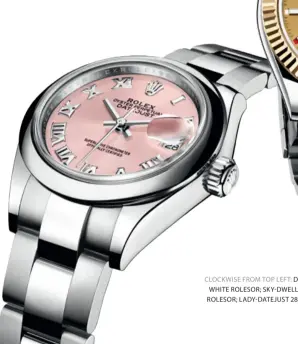  ?? ?? CLOCKWISE FROM TOP LEFT: DATEJUST 41 IN WHITE ROLESOR; SKY- DWELLER IN YELLOW ROLESOR; LADY- DATEJUST 28 IN 904L STEEL