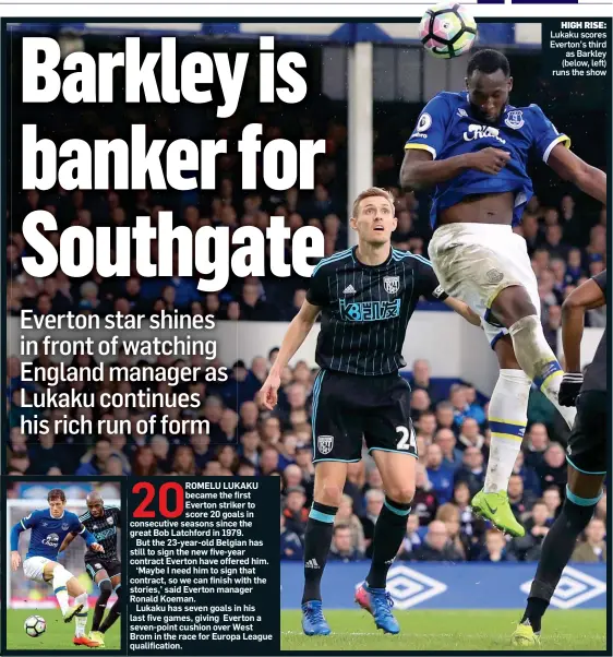  ??  ?? HIGH RISE: Lukaku scores Everton’s third as Barkley (below, left) runs the show