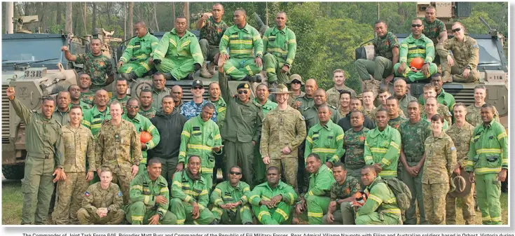  ?? Photo: Australian High Commission ?? The Commander of Joint Task Force 646, Brigadier Matt Burr and Commander of the Republic of Fiji Military Forces, Rear Admiral Viliame Naupoto with Fijian and Australian soldiers based in Orbost, Victoria during Operation Bushfire Assist 19-20.