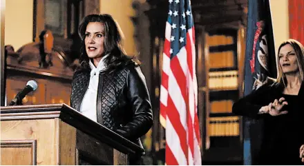  ?? MICHIGAN OFFICE OF THE GOVERNOR ?? Gov. Gretchen Whitmer addresses the state Thursday in Lansing. Six men are accused of plotting to kidnap her from her vacation home.