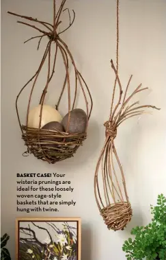  ??  ?? basket case! Your wisteria prunings are ideal for these loosely woven cage-style baskets that are simply hung with twine.