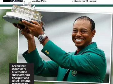  ?? AP ?? Green feat: Woods lets his emotion show after his final putt and (inset) lifts the trophy in his green jacket