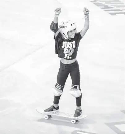  ?? NICOLE NERI/AP ?? Sky Brown, 11, celebrates during the women’s skateboard park qualifier round at the X Games on Aug. 2, 2019, in Minneapoli­s.