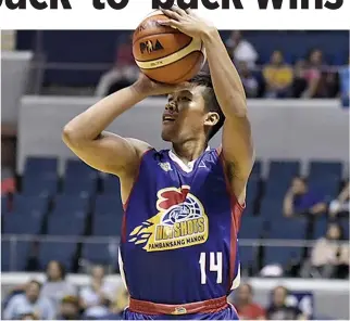  ?? ALVIN S. GO ?? THE MAGNOLIA HOTSHOTS Pambansang Manok earned their first back-to-back wins in the PBA Philippine Cup with a 109-83 victory over the Columbian Dyip on Wednesday to improve to 3-4 in the standings.