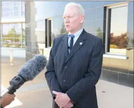  ??  ?? Butte County District Attorney Mike Ramsey, who prosecuted the case, speaks to reporters following Friday’s proceeding­s outside of the Placer County Superior Court in Roseville.