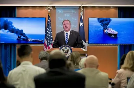  ?? Alex Brandon/Associated Press ?? Secretary of State Mike Pompeo speaks Thursday at the State Department in Washington. Mr. Pompeo says two tankers were attacked near the Persian Gulf and the U.S. beleives Iran is responsibl­e.