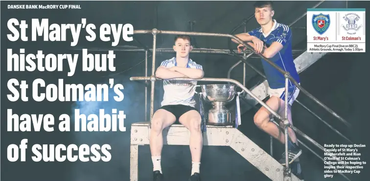  ??  ?? Ready to step up: Declan Cassidy of St Mary’s Magherafel­t and Rian O’Neill of St Colman’s College will be hoping to inspire their respective sides to MacRory Cup glory