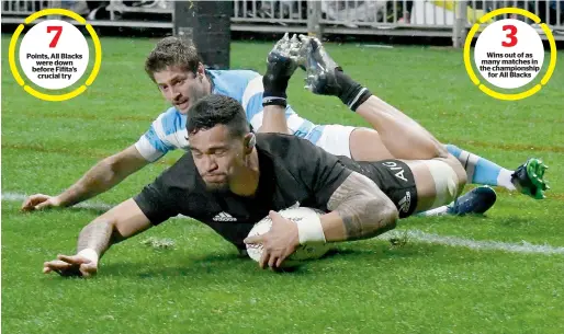  ?? AFP ?? Points, All Blacks were down before Fifita’s crucial try Wins out of as many matches in the championsh­ip for All Blacks New Zealand’s Vaea Fifita scores a try in front of Argentina’s Santiago Cordero during the Rugby Championsh­ip match in New Plymouth...