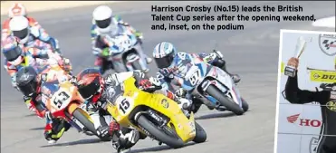  ?? ?? Harrison Crosby (No.15) leads the British Talent Cup series after the opening weekend, and, inset, on the podium