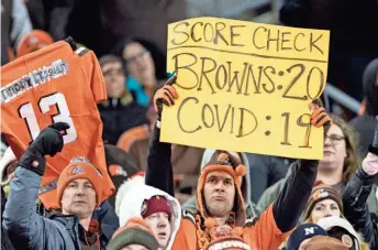  ?? SCOTT GALVIN / USA TODAY ?? The Browns were without quarterbac­k Baker Mayfield, coach Kevin Stefanski and several other players Monday due to COVID-19 protocols.