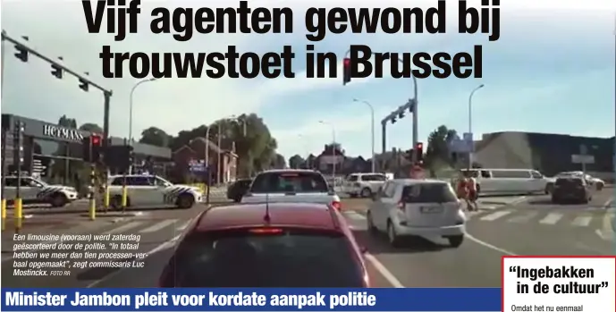  ?? FOTO RR ?? Een limousine (vooraan) werd zaterdag geëscortee­rd door de politie. “In totaal hebben we meer dan tien processen-verbaal opgemaakt”, zegt commissari­s Luc Mostinckx.