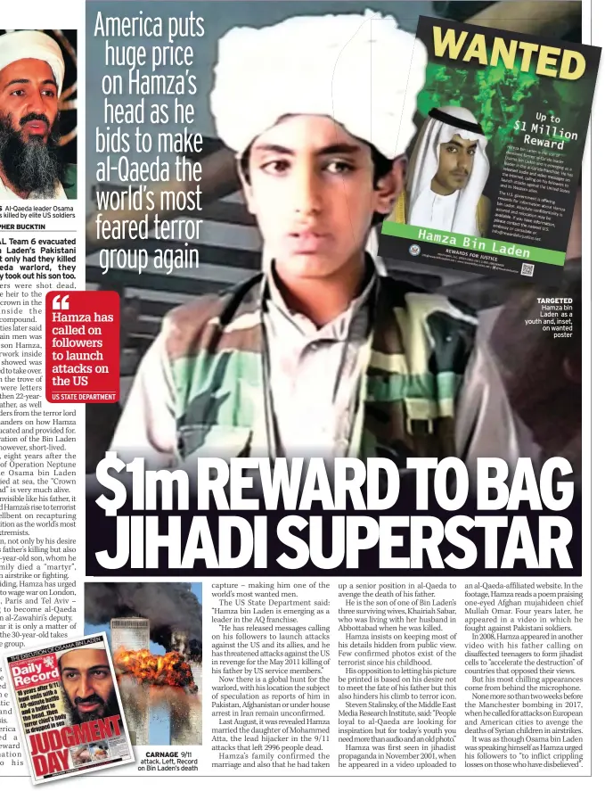  ??  ?? CARNAGE 9/11 attack. Left, Record on Bin Laden’s death TARGETED Hamza bin Laden as a youth and, inset, on wanted poster