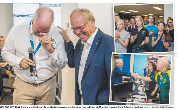  ?? Pictures: JERAD WILLIAMS ?? GOLDOC CEO Mark Peters and Chairman Peter Beattie become emotional as they address staff at the organisati­on’s Ashmore headquarte­rs.