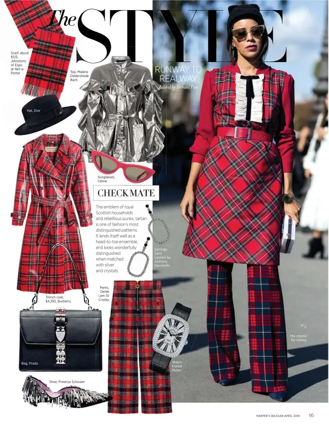  ??  ?? Scarf, about $125, Johnstons of Elgin at Net-aPorter Hat, Dior Bag, Prada Top, Malene Oddershede Bach Trench coat, $4,395, Burberry Shoe, Proenza Schouler Sunglasses, Céline Pants, Derek Lam 10 Crosby Earrings, Saint Laurent by Anthony Vaccarello...
