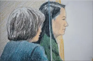  ?? JANE WOLSAK / REUTERS ?? Banquillo. Reproducci­ón fotográfic­a del dibujo realizado a Meng ayer en una corte de Vancouver, Canadá.