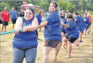  ?? DAVID JALA/CAPE BRETON POST ?? Lateesha Denny, left, and Rebecca Peck, lead their Wagmatcook teammates in a game of tug of war during the 2018 Nova Scotia Mi’kmaw Summer Games that wrapped up Sunday. Hundreds of competitor­s and onlookers from across the province gathered in Eskasoni for the eight-day event.