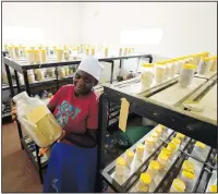  ?? ?? A woman holds a bottle filled with millet seeds stored in a seed bank Jan. 19 in Zimbabwe’s Rushinga district. (AP/Tsvangiray­i Mukwazhi)