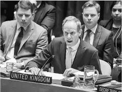  ??  ?? Rycroft delivers remarks during the Security Council meeting on the situation in Syria at the United Nations Headquarte­rs, in New York. — Reuters photo