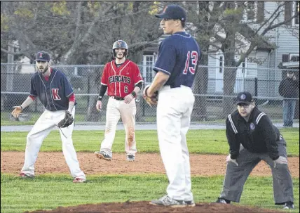  ?? TRURO DAILY NEWS PHOTO ?? Truro Bearcat Matt Mingo takes a walking lead on Kentville pitcher Alex Ostrov Friday night. Mingo had doubled and eventually scored as the Bearcats plated four in the third inning.